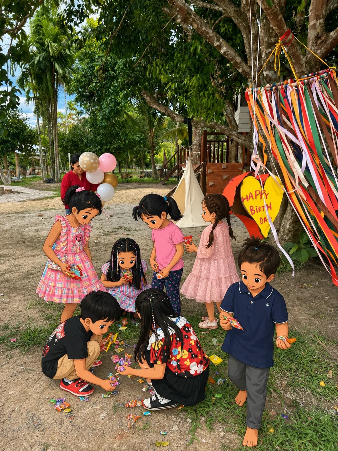 Children collecting candy after a piñata birthday activity