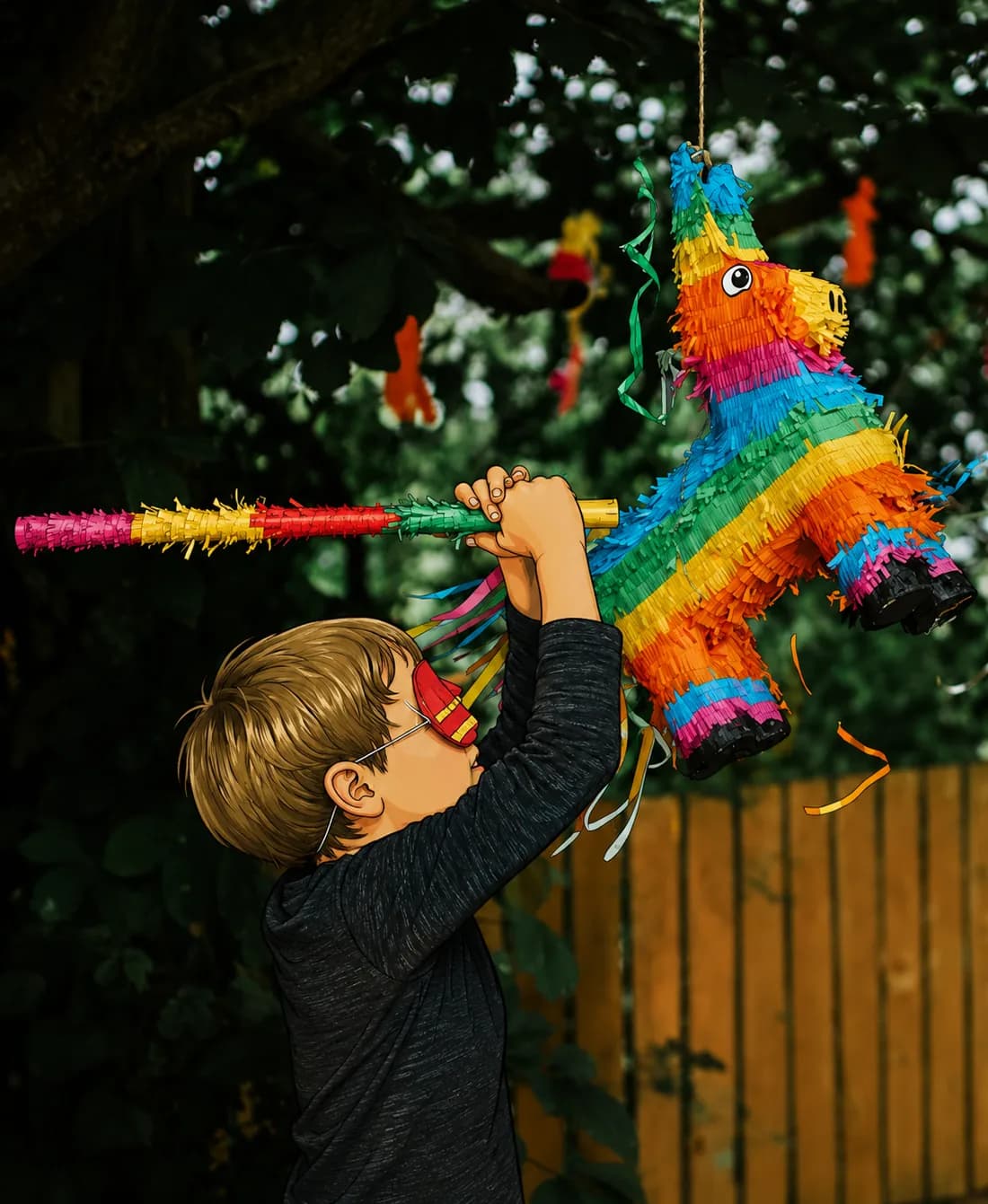 Child breaking a colorful piñata outdoors